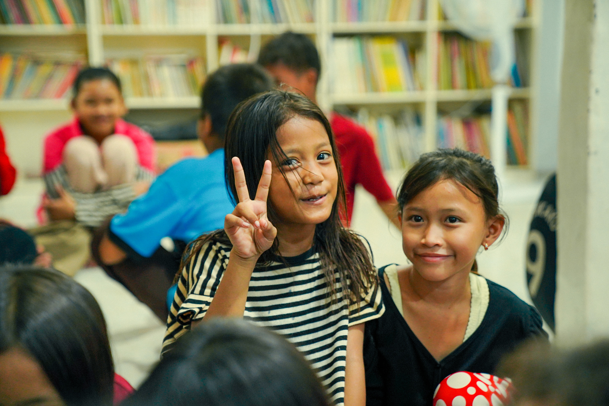 Indonesian girls reading in a school library